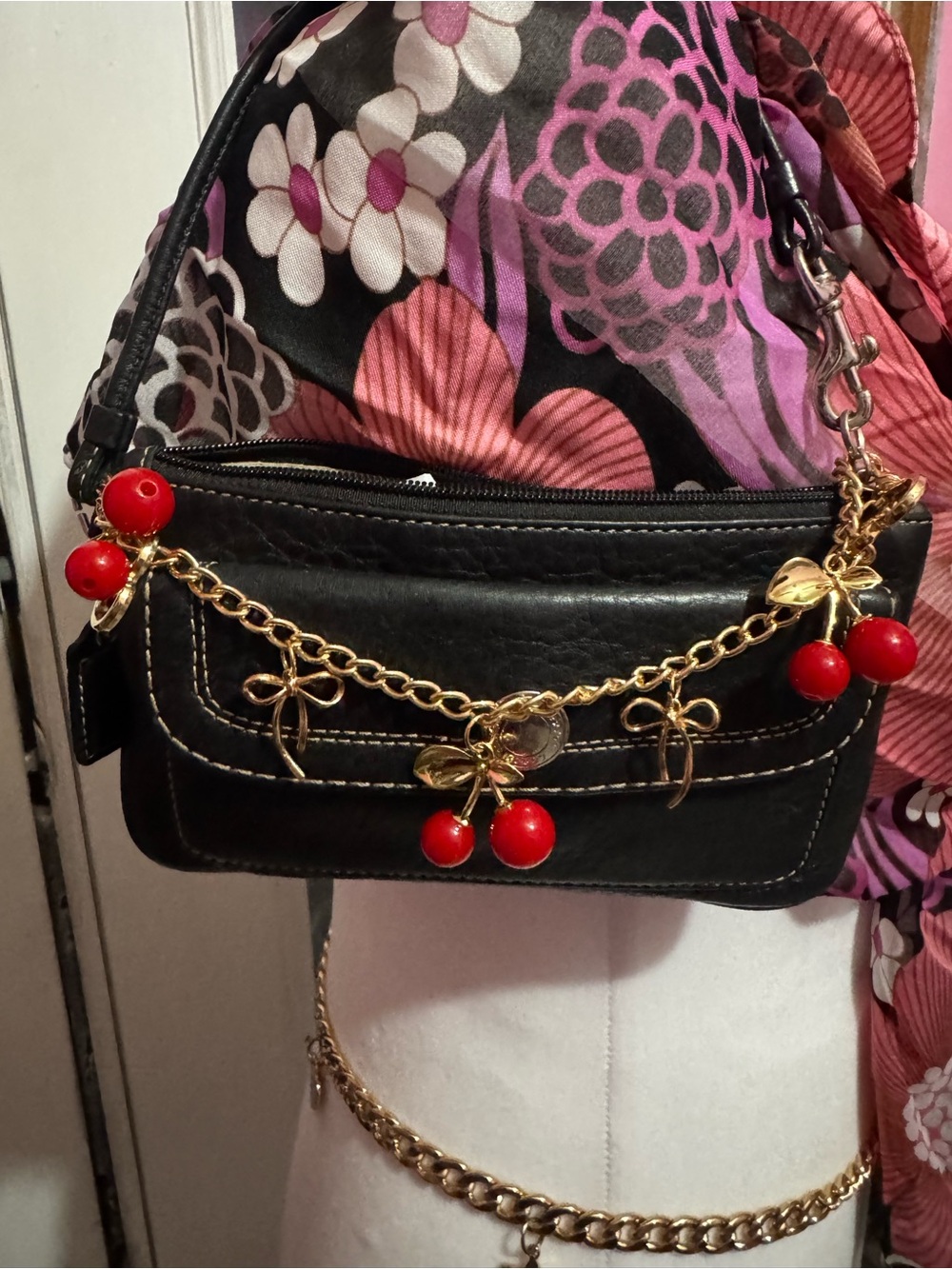 Coach Black Leather wristlet with Red Cherry Charm